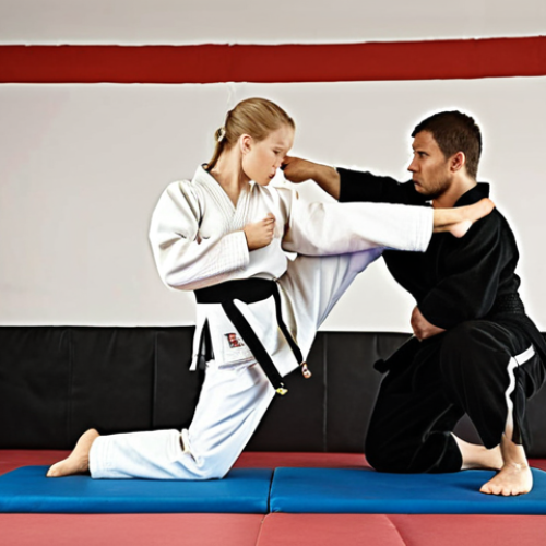 **

A Taekwondo student struggling to maintain balance during a kick, with a coach pointing to their core. Focus on the imbalance and the importance of core strength. Swedish training environment.

**