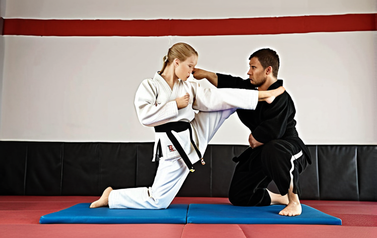 **
A Taekwondo student struggling to maintain balance during a kick, with a coach pointing to their core. Focus on the imbalance and the importance of core strength. Swedish training environment.
**