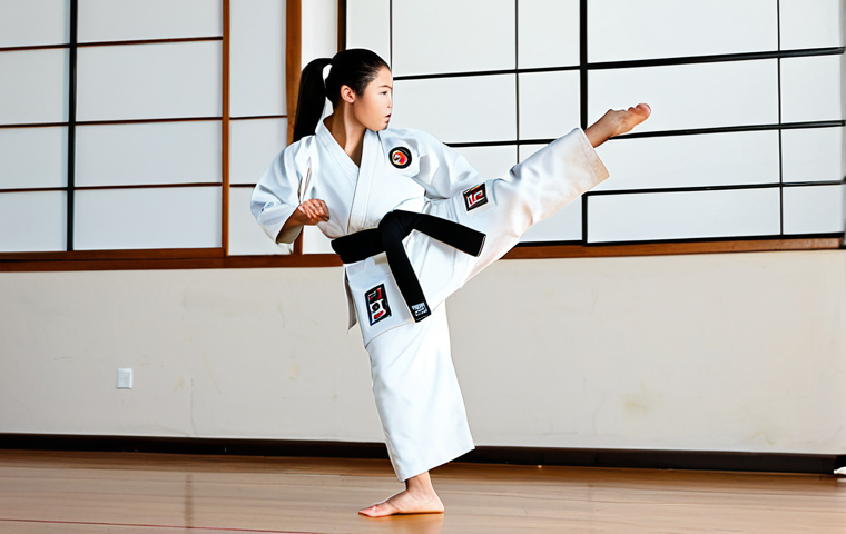 A professional female Taekwondo practitioner in a clean, white dobok, executing a powerful high roundhouse kick (Dolyo Chagi) with precision and explosive force. She is in a well-lit, spacious dojo with a polished wooden floor. Her expression shows intense focus and determination. The image captures the dynamic movement at the peak of the kick. Fully clothed, modest clothing, appropriate attire, professional dress, safe for work, appropriate content, professional, perfect anatomy, correct proportions, natural pose, well-formed hands, proper finger count, natural body proportions, professional photography, high quality.